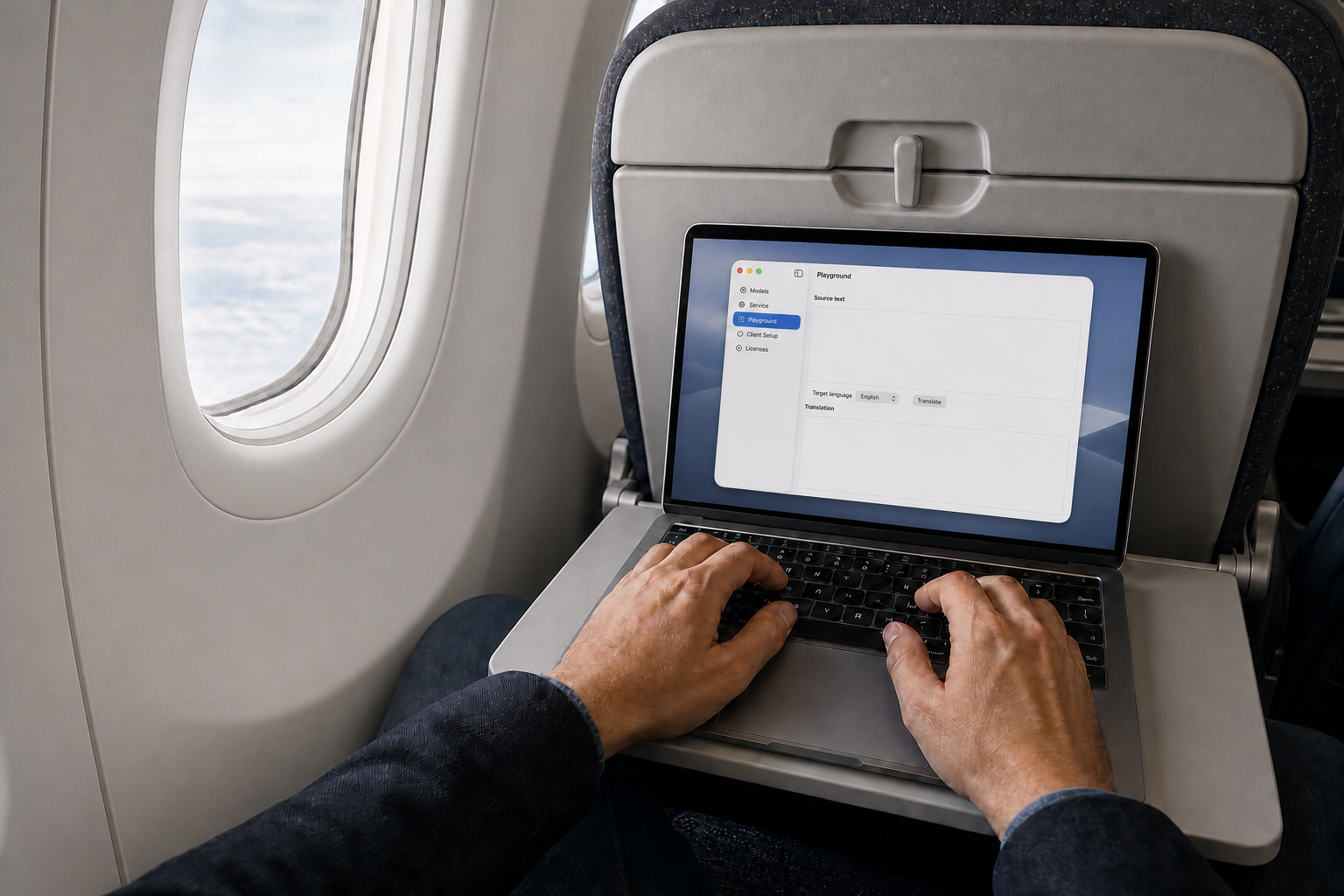 Professional working on a laptop by an airplane window
